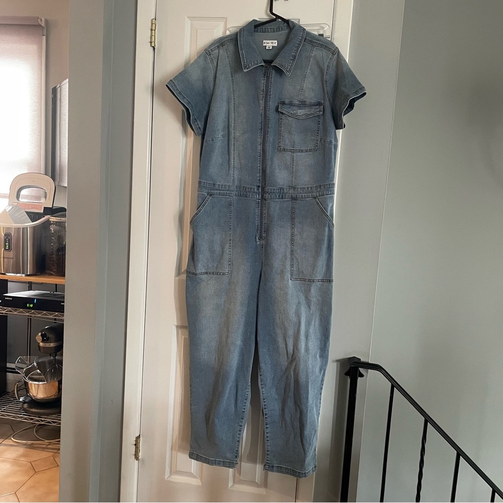 Denim Jumpsuit with Short Sleeves